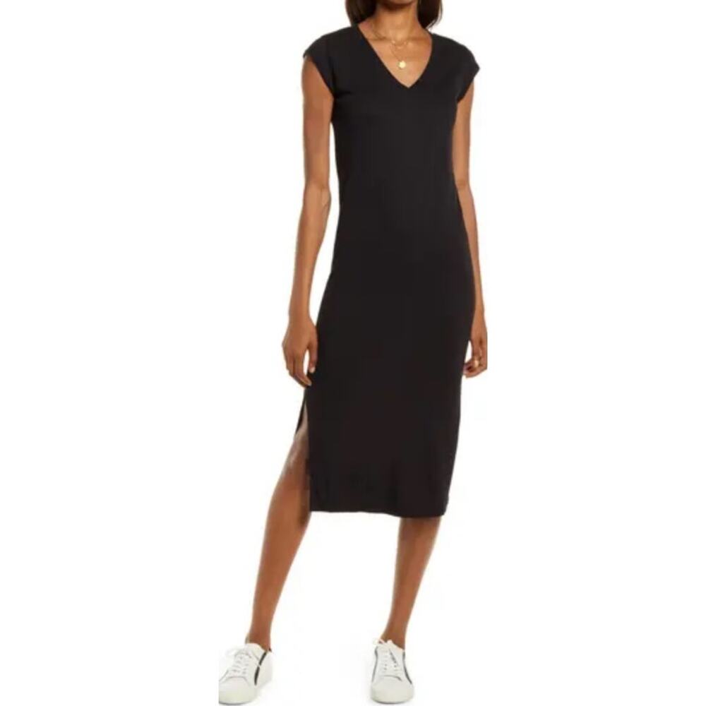 Madewell V Neck Muscle Tank Dress Womens XL Black Casual Comfort Side Slits